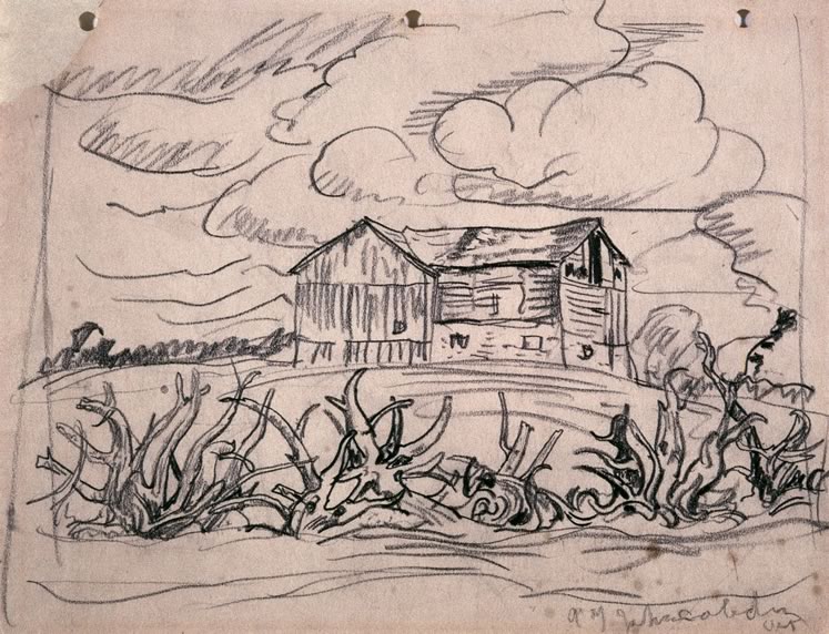 ‘Old Barn Near Caledon, Ontario’ (c.1930) by A.Y. Jackson. Drawing on paper. On loan from the McMichael Canadian Art Collection.