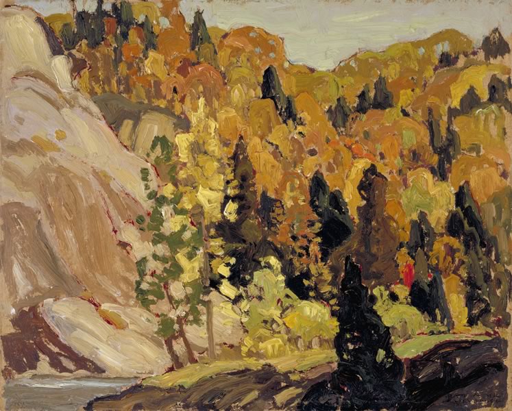 ‘Bolton Hills’ (c.1922) by Franklin Carmichael. Oil on wood panel, 24.7 x 30.4 cm. On loan from the McMichael Canadian Art Collection. Gift of the founders, Robert and Signe McMichael.